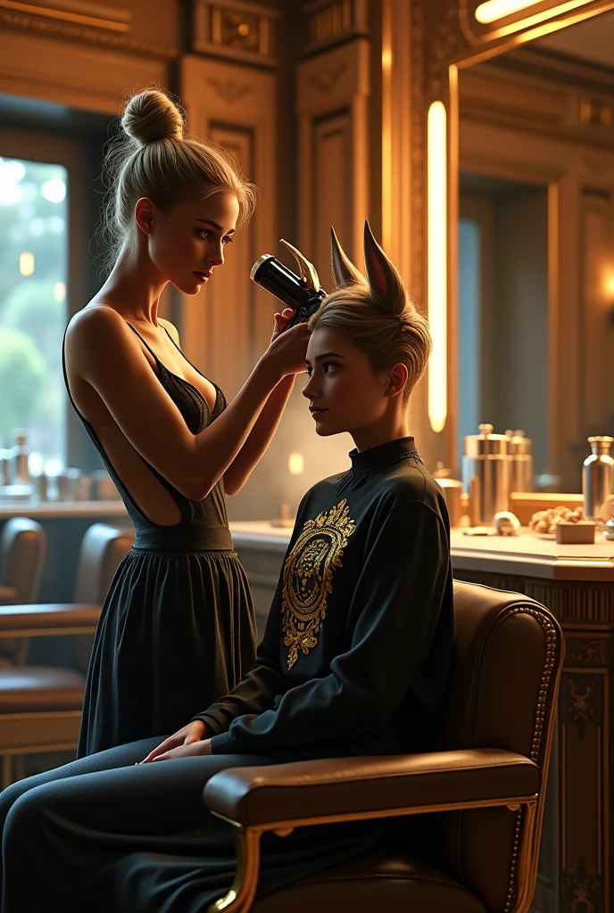 A female barber, a gazelle, is giving me a blow-dry, a very small lioness wearing a Versace shirt and jeans in a very luxurious shop, real, realistic, as in reality