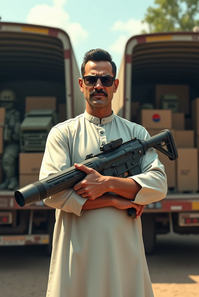Create an image of a man standing in front of a Bangladeshi tea shop. The man has closely cropped, slicked-back dark hair, a thin mustache, small sharp features, and is wearing rectangular, dark-tinted sunglasses. He has a confident expression with a slight smirk and holding a rocket launcher. Behind him, there are two large trucks, with their backs open, showing crates and boxes. These crates contain military-style equipment and tactical gear, with some pieces partially visible guy should be wearing white Panjabi kurta and he owns the there must be a bangali tea shop and he's 