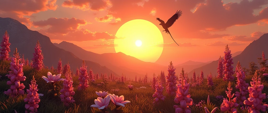 Phoenix, Skyrim. sunset. Horizontal planes, crystals, Flowers and plants