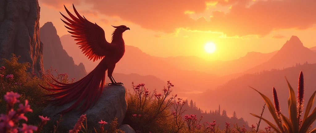 Phoenix, Skyrim. sunset. Horizontal planes, crystals, Flowers and plants