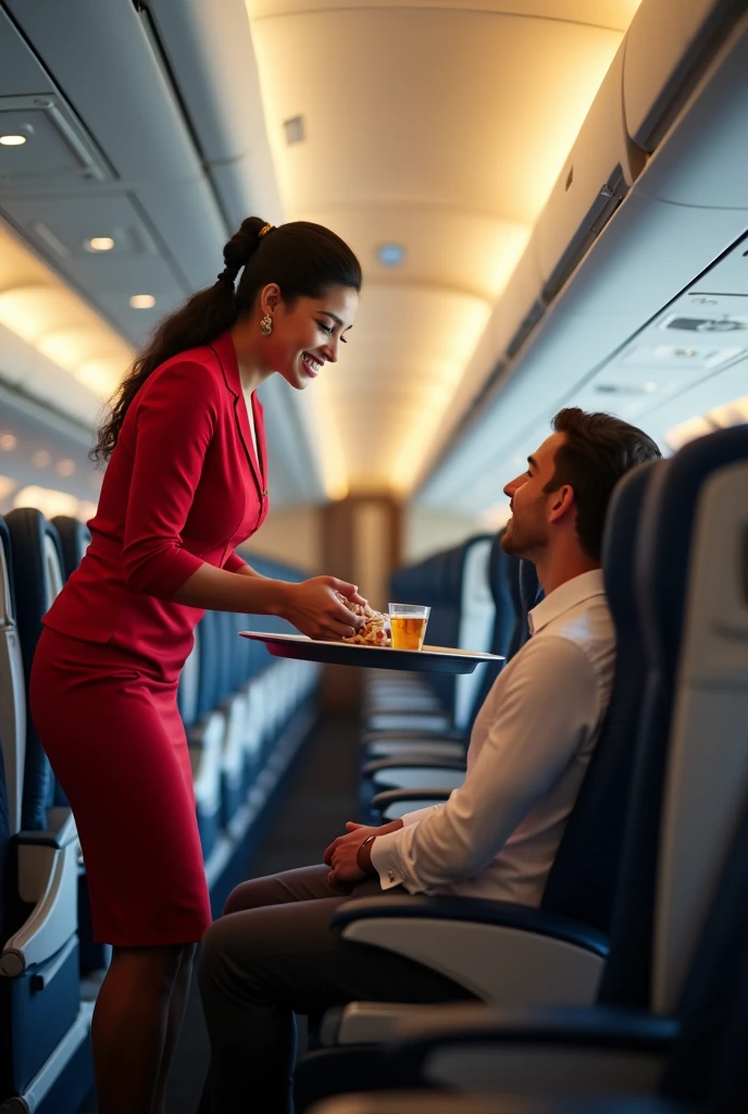 A womon serving a passanger in ethiopianairlines plane