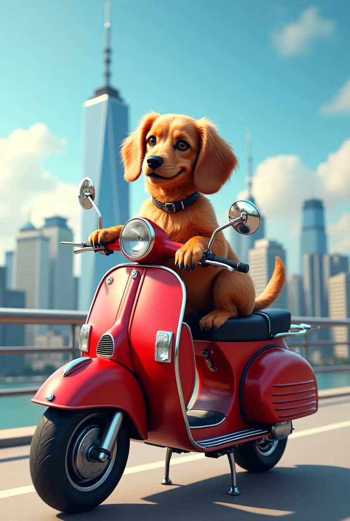 A furry dachshund dog on top of a red motorbike and his owner next to him enjoying the skyline 