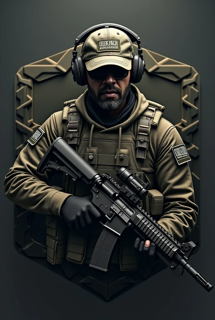 Create Hexagonal Rubber Patch Cliché Image, military coat of arms with the name Lukinha Airsoft and an operator carrying an m4 rifle wearing a cap and headphones