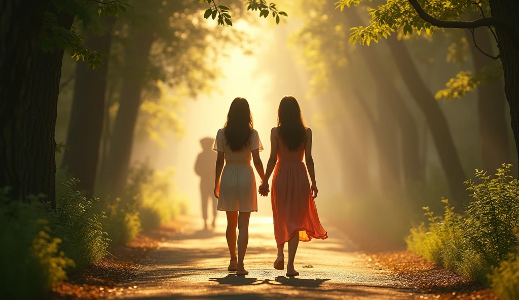  Chalk on the road「To happiness」And graffiti, ((masterpiece, Highest quality, Best image quality, High resolution, Realistic, RAW Photos, 8k)), ((Highly detailed CG synthesis 8k wallpaper)), Back view of two women walking hand in hand, wood々の間から差し込む陽光が差し込む並wood道で, The final scene of a romantic movie, Green leaves and white light, Path in the morning mist, View from above,Delivery Person