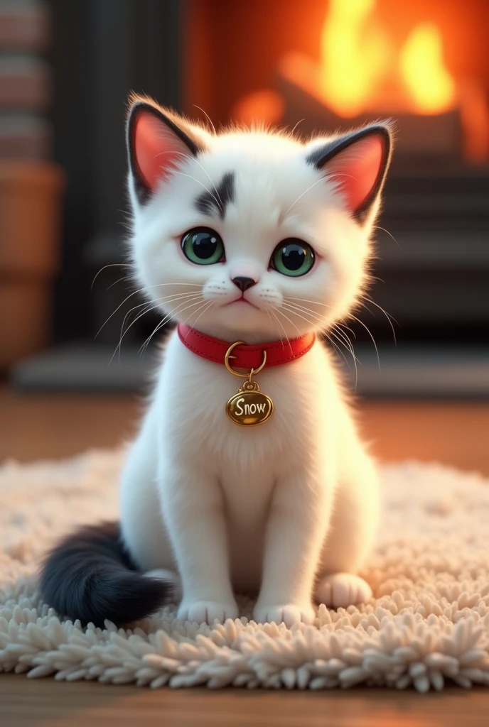 A cute and furry white kitten with a black tail with a black spot on its back and black markings after its ears and a black muzzle with light green eyes with a red collar with a pendant saying "Snow" what is the name of the cat sitting on a rug with a fireplace behind it