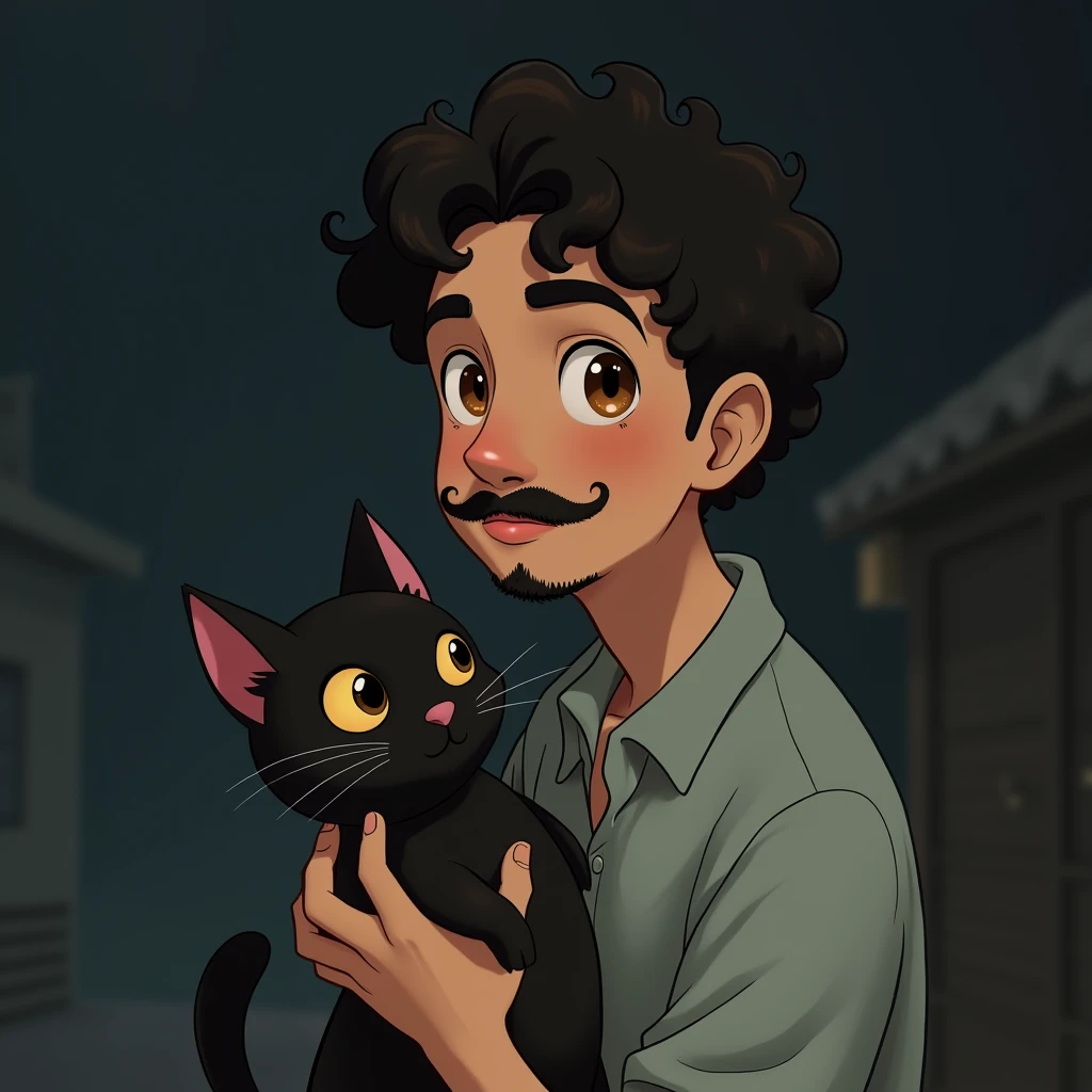 I would like a Ghibli style profile icon of a young man with a Handlebar mustache, a beard only under his mouth and on the tip of his chin, brown eyes and curly hair on top and sides cut shorter and he is holding a black cat, the background is something a little darker