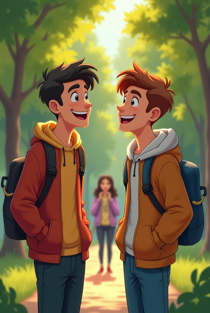 Alex and Jake found themselves laughing at similar jokes and sharing stories from their lives. The initial discomfort began to fade as they realized how similar they were. Two boys and girl in the park, the boys are laughing 