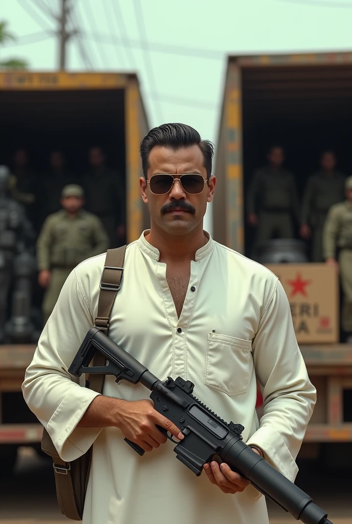 Create an image of a man standing in front of a Bangladeshi tea shop. The man has closely cropped, slicked-back dark hair, a thin mustache, small sharp features, and is wearing rectangular, dark-tinted sunglasses. He has a confident expression with a slight smirk and holding a rocket launcher. Behind him, there are two large trucks, with their backs open, showing crates and boxes. These crates contain military-style equipment and tactical gear, with some pieces partially visible guy should be wearing white Panjabi kurta and he owns the there must be a bangali tea shop and he's