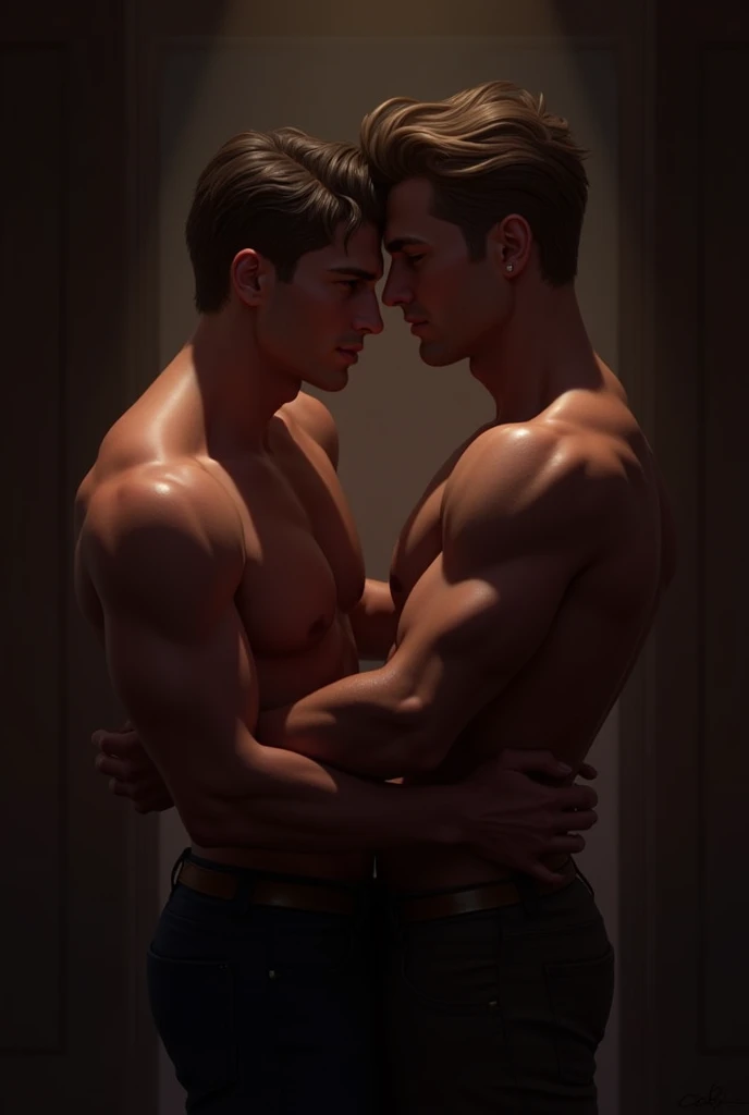 "In a dimly lit room, two men share a tender and passionate moment. The light casts soft shadows, highlighting the muscular frame of one man as he gently embraces his partner. Their connection is evident in their closeness and the warmth in their expressions, conveying deep affection and intimacy."