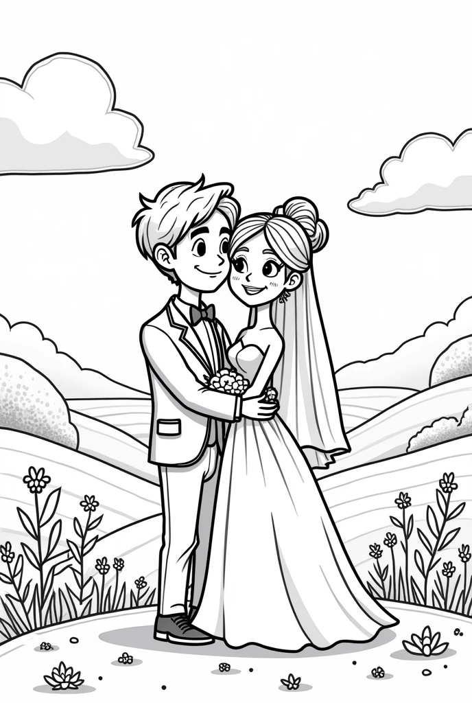 A line art for a coloring book for children of a couple getting married in Pixar-style
