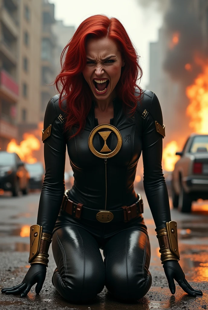 (((A beautiful red-haired woman wearing (((a black leather one-piece suit ))),(((Black Widow))) kneeling screaming exhausted after an extensive battle blood around her apocalyptic city cars and buildings on fire (((Black Widow hourglass logo on her suit))) Gold-colored metal bracelets launch shots))),(((hourglass logo in a black circle on his suit on the side of his chest)))
