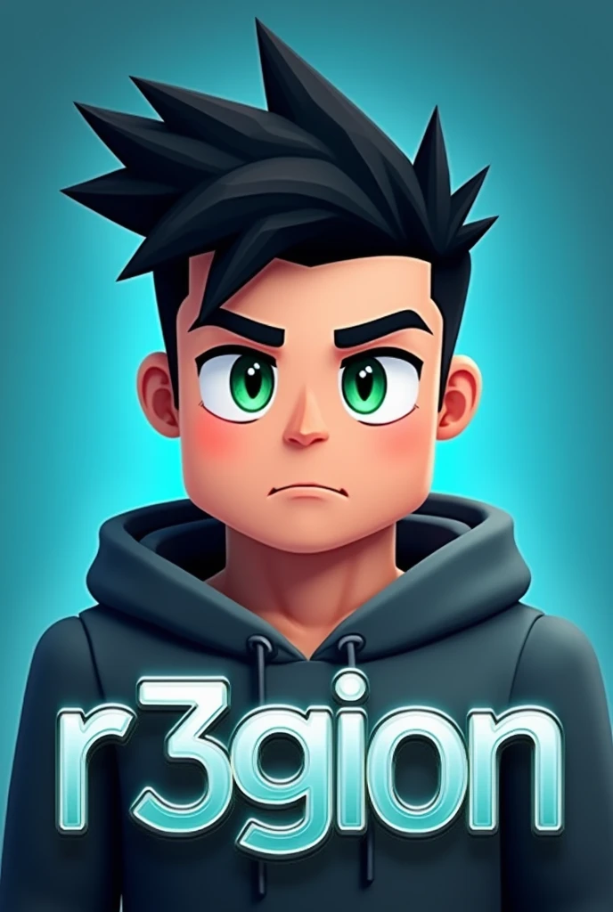 Create a Minecraft-style avatar showing a character from the shoulders up, wearing a hoodie. The character has green eyes and black hair styled in a tomahawk cut with short sides. The character's facial features should include a nose and mouth. The background is a blue gradient with a slight texture or effect. Add the text 'R3GION' at the bottom of the image with a cool, standout effect.