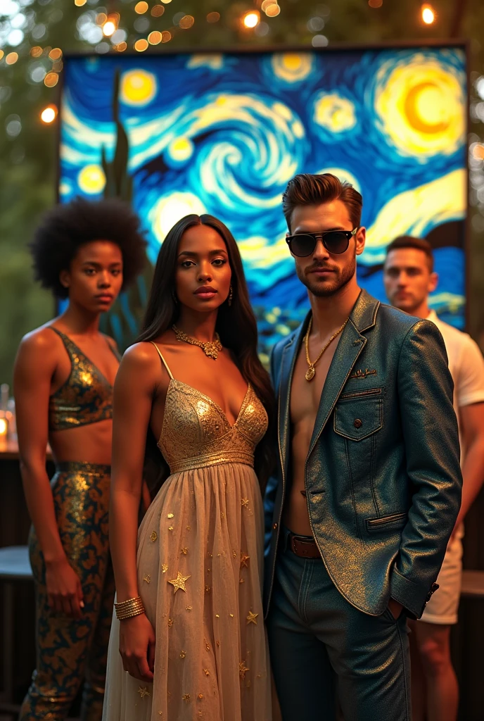 A photorealistic 4K cinematic image of a lively, stylish group of young adults gathered around an outdoor bar inspired by Van Gogh’s "Starry Night." The bar, adorned with swirling patterns of vibrant blues and golds, creates a mesmerizing backdrop, reflecting the creativity and energy of the scene.

The people are dressed in fashionable, art-inspired outfits that mirror the swirling patterns and colors of the bar. Each individual’s outfit features intricate designs, with flowing fabrics that mimic the dynamic strokes of a painting. The color palette includes deep blues, vibrant yellows, and rich golds, all highlighted with subtle touches of silver and black, creating a cohesive yet diverse array of styles.

The leader of the group, a woman with long, dark hair, wears a flowing dress that seems to blend into the colors of the bar itself. Her dress is detailed with swirling patterns, and she accessorizes with gold jewelry that glints in the warm light. Her expression is serene yet confident, embodying the artistic spirit of the gathering.

Beside her, a man with short, styled hair and a sharp, tailored jacket stands confidently. His jacket features bold, swirling designs in blue and gold, paired with sleek, black trousers. His look is completed with a set of modern, geometric sunglasses that reflect the lights around him.

The other members of the group wear similarly artistic outfits, each with their own unique twist. One woman’s dress features flowing layers that catch the breeze, while another man’s jacket has an abstract, painted look, as if brushstrokes have been applied directly to the fabric.

The background is an outdoor garden setting, filled with twinkling lights and lush greenery, adding a magical, almost surreal quality to the scene. The lighting is warm and inviting, casting a golden glow over the group as they enjoy drinks and conversation, their expressions relaxed and joyful.

[Lighting: Warm, golden glow with artistic highlights] [4K]