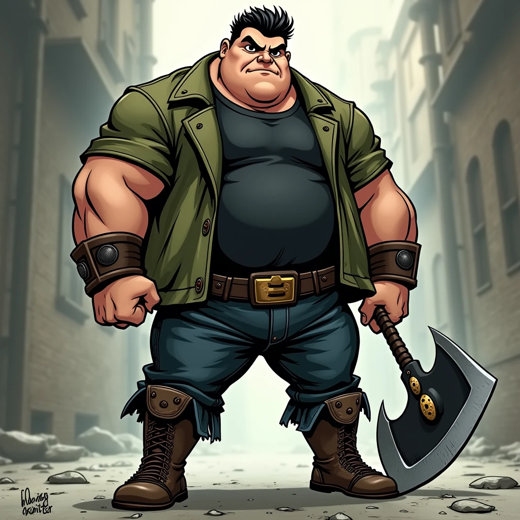 In the Human Comics style, create a character, Godri, a fat, broad, muscular boy with a determined look and an imposing presence. He has black hair. He wears a short moss green coat and a black shirt underneath, dark jeans with round, steel-toed boots, and a black leather glove. In one hand he holds a large steel axe with black ruffs and gold details.