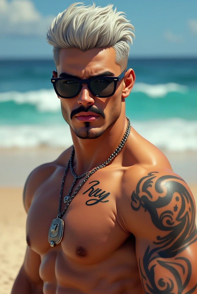 a young man AI high quality muscular tattoo with name “ruy” light skin tanned piercing gaze pink mouth with platinum gray hair thin black mustache wearing sunglasses with realistic beach background