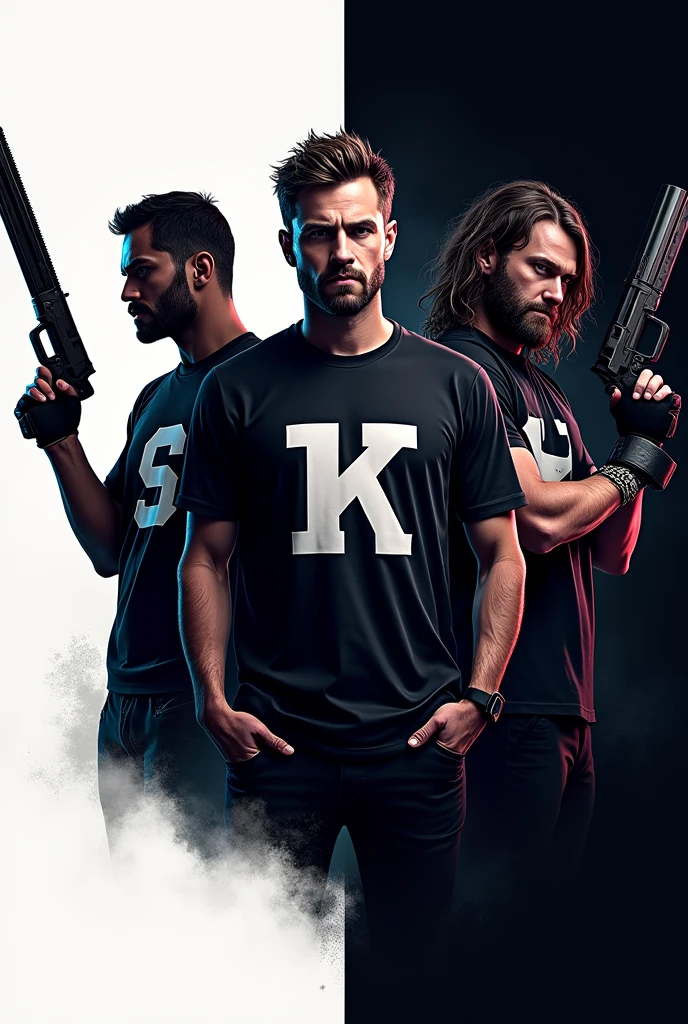 Gamer logo of three people with weapons and initials on their shirts (s)the other one (k) y the other one (D)  that the background is horror that one is dark the other white and the other with long hair that they are men with the initials on the shirt one with the (s) the other with the (k) and the long-haired one with the(D) a little excited that only one has a beard  
