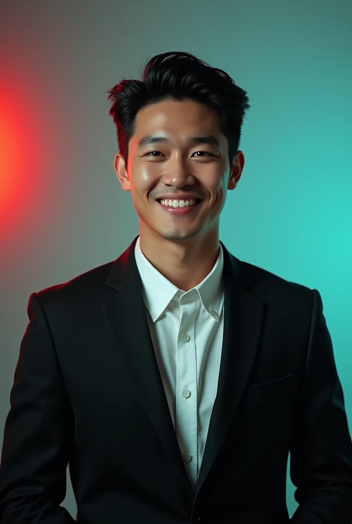 A young man with dark hair and a confident smile. He is dressed in a black blazer over a white shirt. The man is positioned against aqua colour backdrop with a subtle red lighting on the left side. and he posing for Linkedin profile