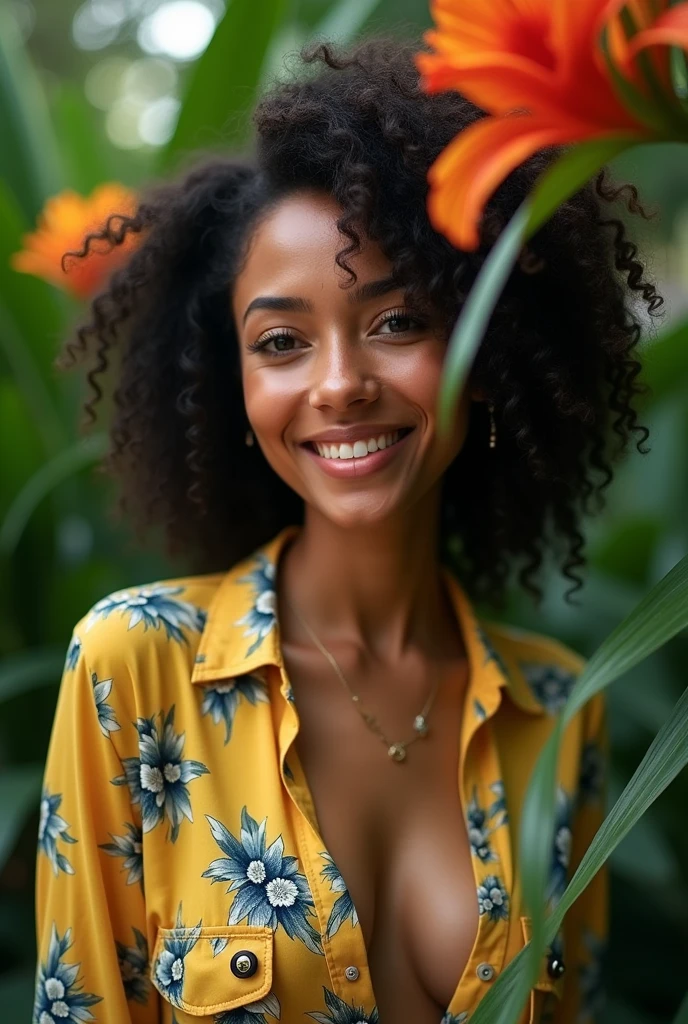 A Brazilian woman in a lush tropical garden, wearing an open shirt with a floral print, with a close-up capturing the harmonious beauty between her breasts and the natural flowers, showing off your natural charm and outgoing personality.