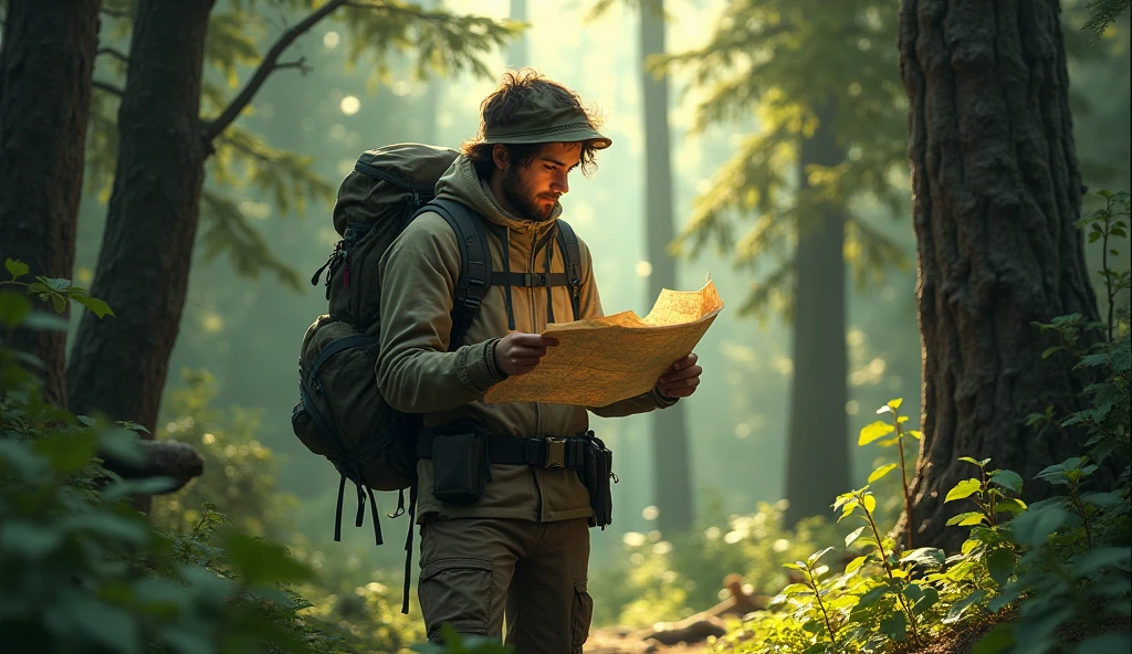 a person orienting himself with a map and a compass in the middle of the forest