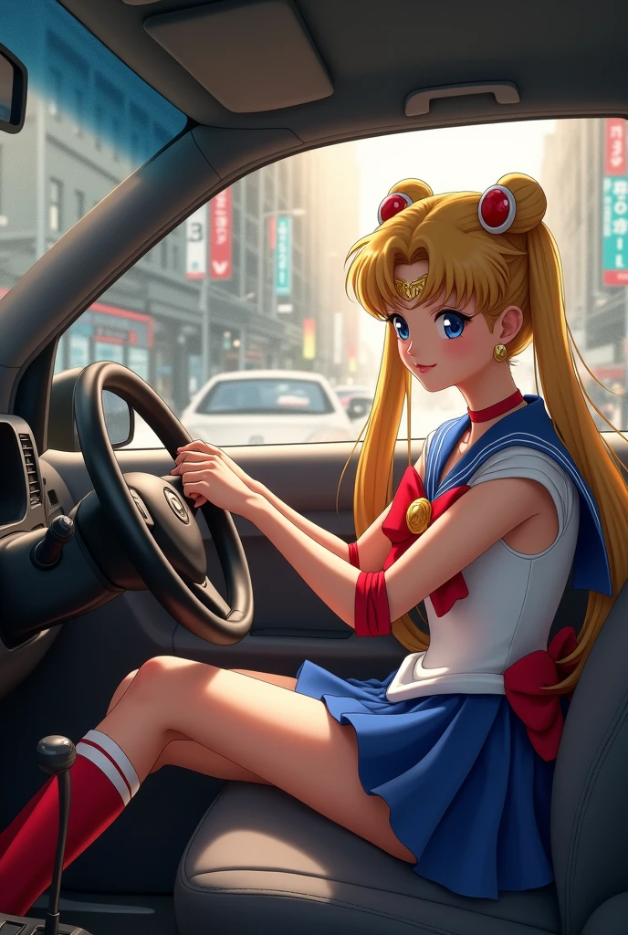 sailor moon is sitting in the car at an intersection, pumping the pedal with her foot and holding your hand. you are sitting next to her