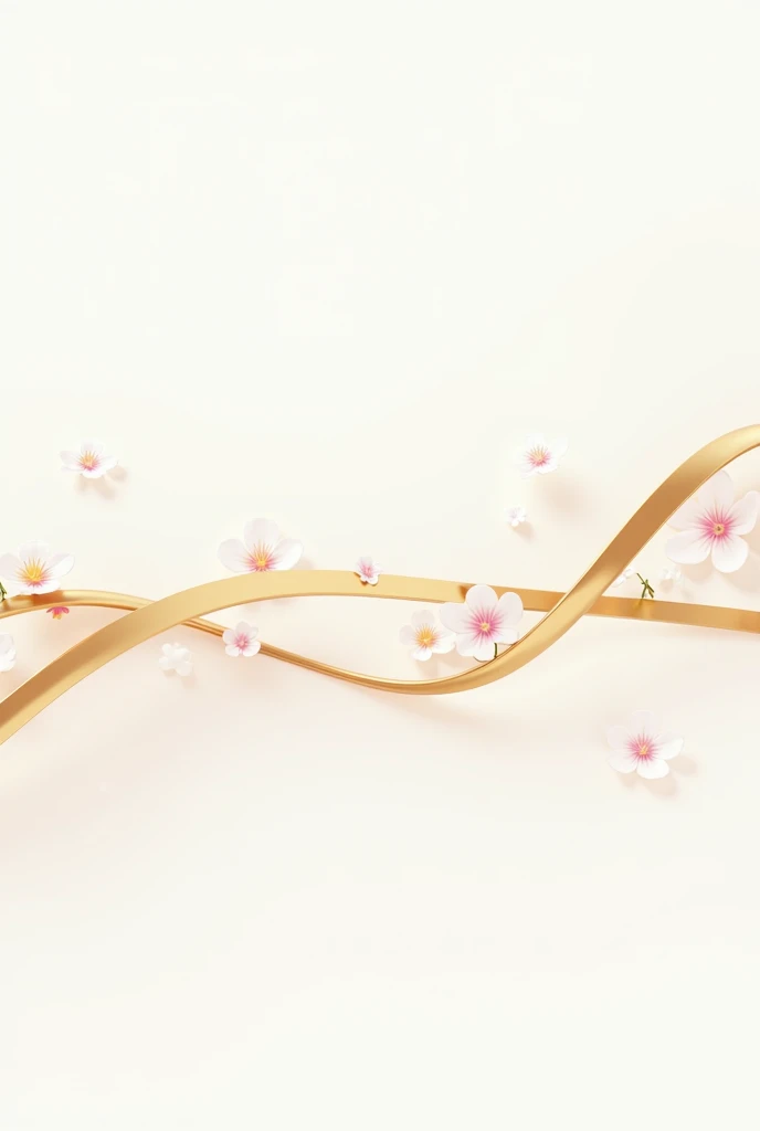 make me on a white background, a 3d animated illustration, of a line of golden colored appointments, that the strips are thin and curved and with some small details, of white and pink flowers