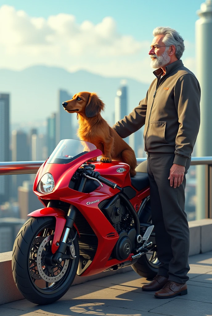 A furry dachshund dog on top of a red motorbike and its owner, a middle-aged man, standing next to it, enjoying the skyline