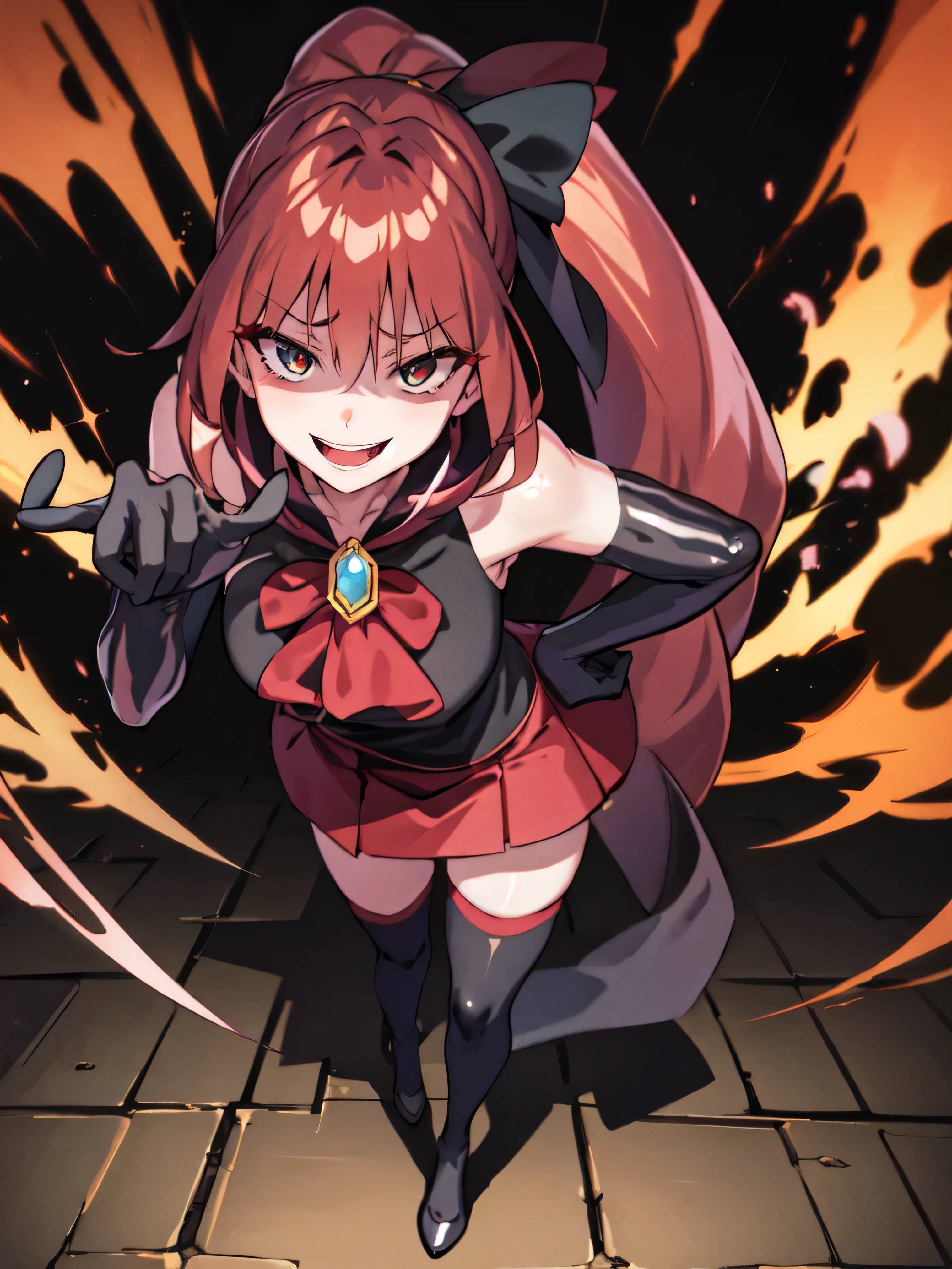 Highest quality, masterpiece, One Girl,Not beautiful, Red Ponytail, Long dress, brooch, Hair Ribbon,  Black knee socks, Standing on the rubble,  , ,,Dark shadow face,Sadistic laugh,,Malice,Contempt,smile,latex,Bad face,,Red Skirt,both hands,Two legs,Five Fingers,Evil background,Elbow fullgloves,shiny latex,evil laugh, Debish Aura (Shiny fabric:1.5),Dark world background,solo,Burning cityscape,looking dwon at viewer


