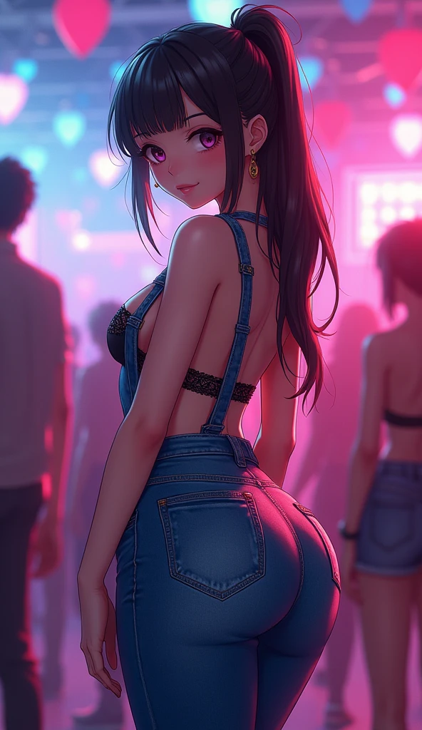 Huge bum tight jeans overall anime girl in club cute showing skin exposed