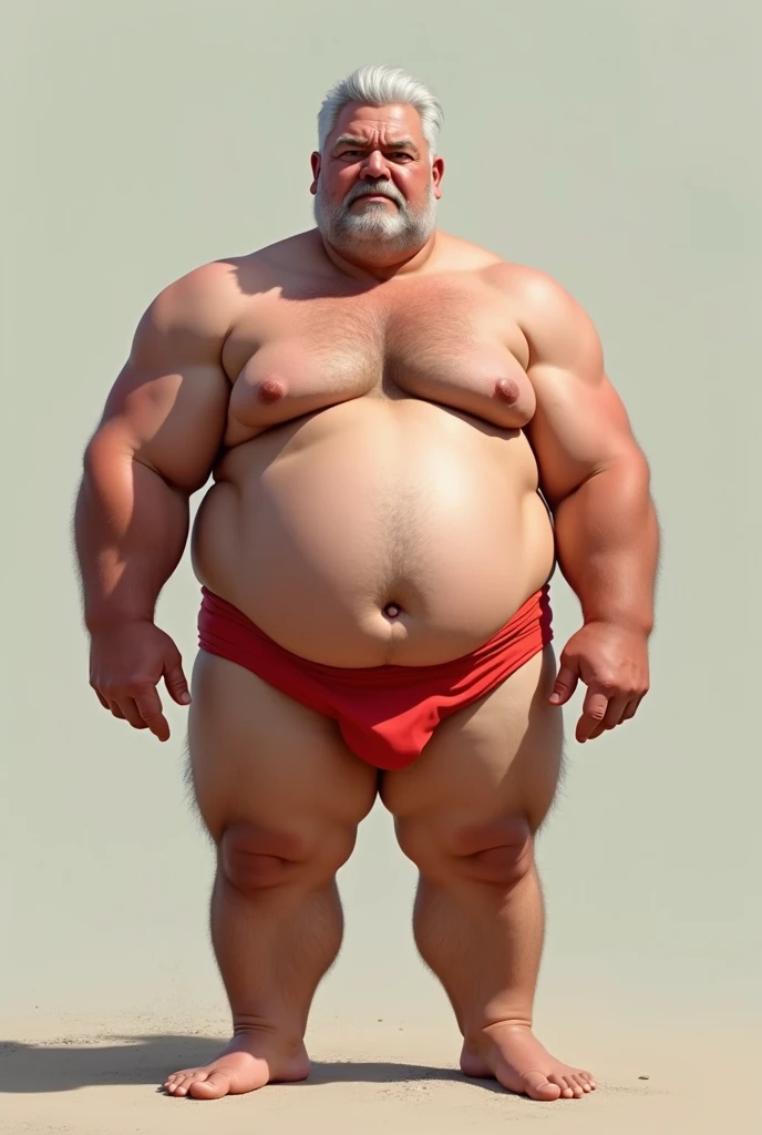 A middle aged man with silver short hair and a chubby muscular build. Wearing a speedo