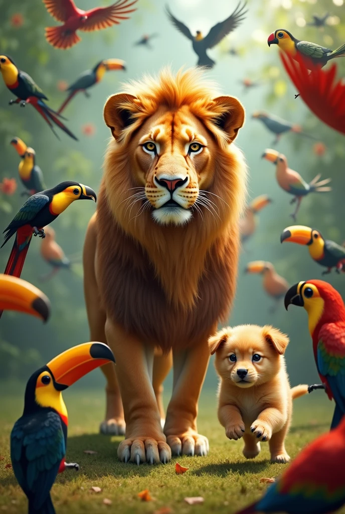 Create a lioness and her companion, a golden retriever puppy, with parrots and toucans flying around them in a flock, occupying most of the background space in realism.