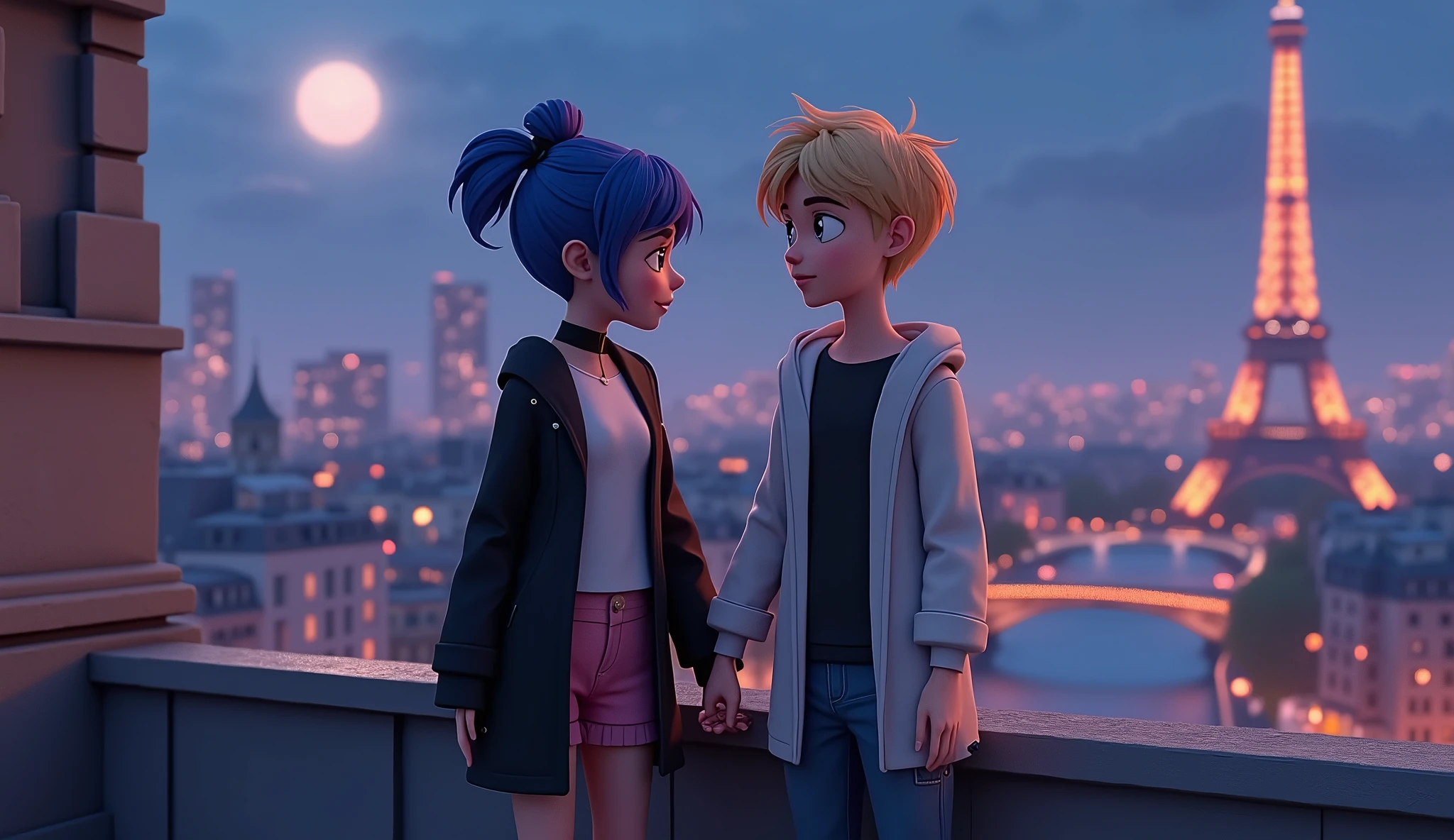 Ladybug (Marinette),teenage girl, blue_hair_color,pigtails_hairstyle,short_hair,wearing her black coat with white t-shirt and short pink denim and Depict Cat Noir (Adrien),teenage boy,blond_hairstyle,gold_haircolor, he wearing white coat with black t-shirt and blue denim The young boy is a taller than the young girl,Ladybug and Cat Noir are standing on the edge of a Parisian rooftop, marinette and adrian are holding hands, the Eiffel Tower and the Seine River are visible in the distance,illuminated by moonlight,the rooftop setting should have a soft,intimate atmosphere, 3d animation, Disney inspiration, High quality image,8k,full body image