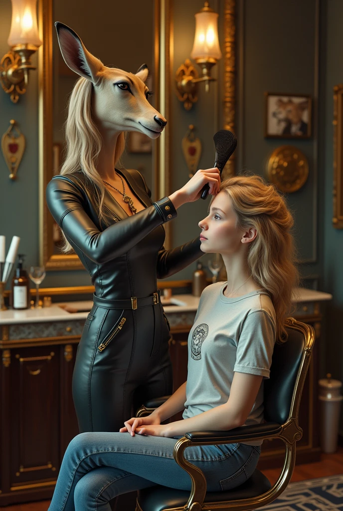 A female barber, a gazelle, is giving me a blow-dry, a very young lioness wearing a Versace shirt and jeans in a very luxurious shop, real, realistic, as in reality