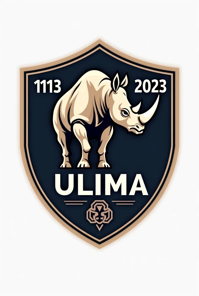 crea un logo parecido al del “ Wolverhampton Wanderers F.c.” (use it as a base) but with a rhinoceros instead of the wolf. In the last design you gave me, change the “2020” to “2023”, Change the text that says “FRIDAD” to “ULIMA”, and change “2019” to “1113”