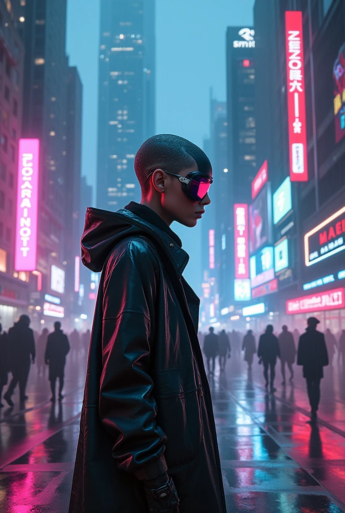 Create one characters with cyberpunk head and post like a model standing a digital art piece in a cyberpunk style featuring a futuristic cityscape at night. The scene should be illuminated by neon lights with vibrant colors like pink, blue, and purple. Include towering skyscrapers with holographic advertisements, bustling streets with diverse characters in high-tech attire, and a misty atmosphere with rain-soaked surfaces."