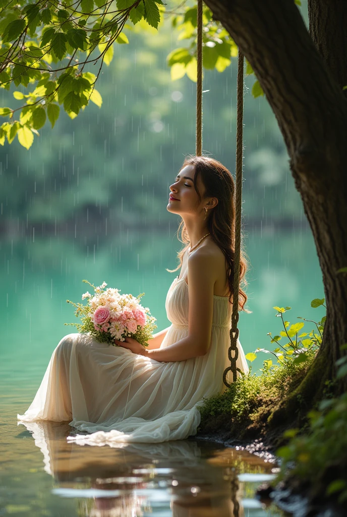 Photoshoot of a beautiful woman enjoying the rain on the edge of a clear lake and under a tree while enjoying a swing and carrying flowers. .