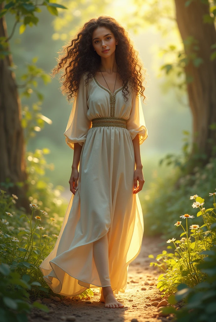 Woman with rooted feet and curly hair smiling and wearing modest clothing