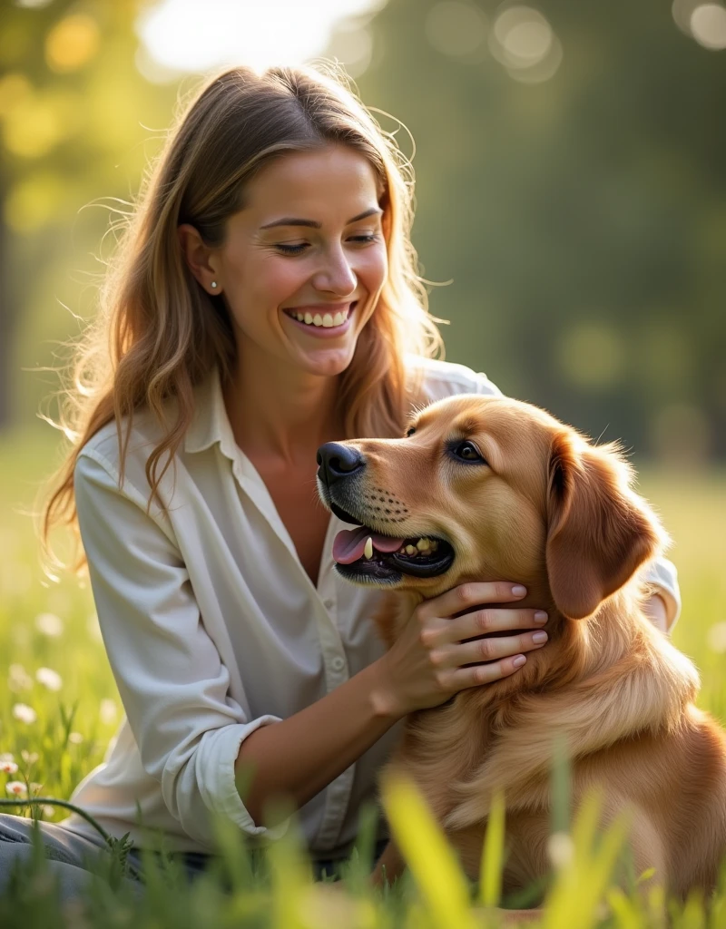 Create a photo of a happy woman next to a dog 