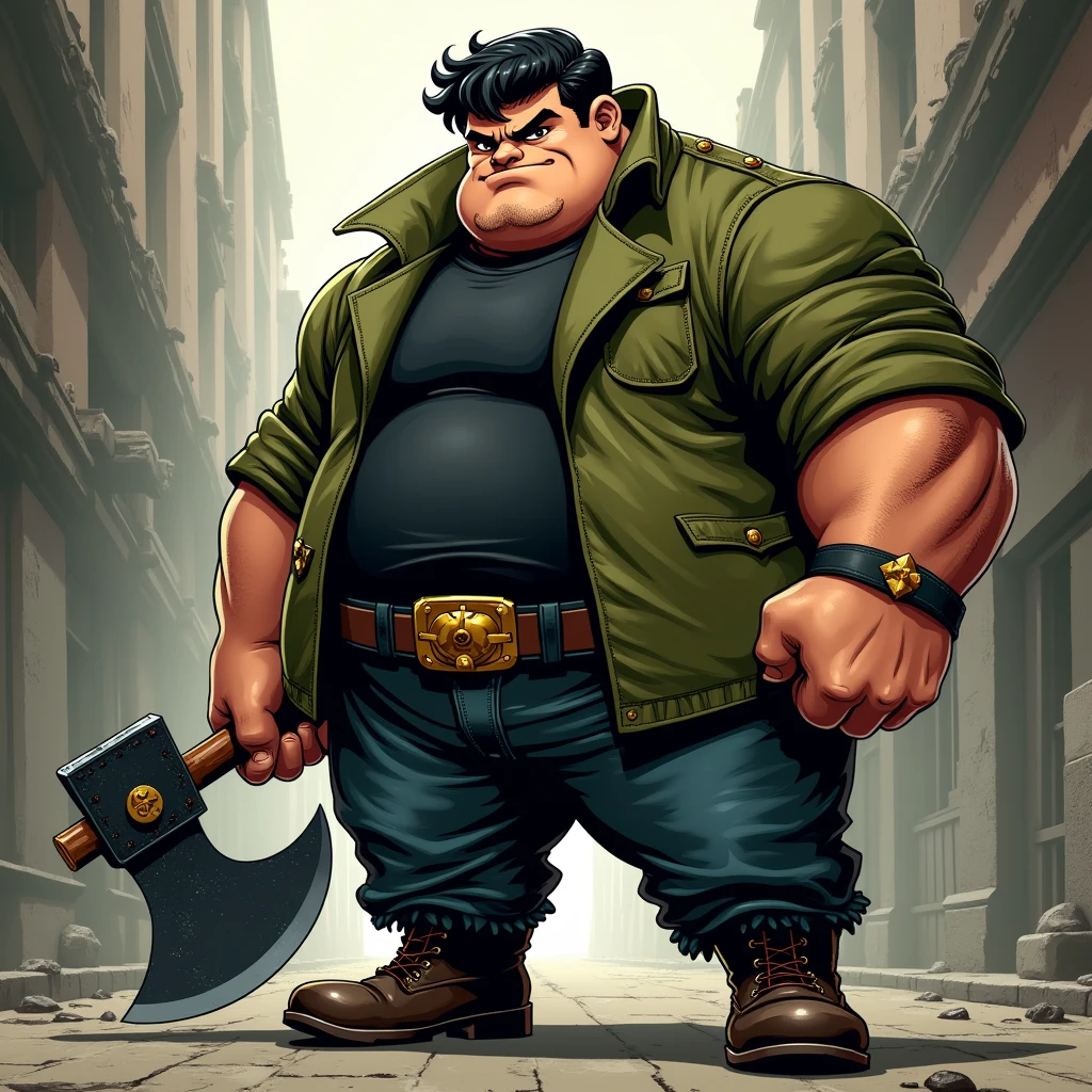 In the Human Comics style, create a character, Godri, a fat, broad, muscular boy with a determined look and an imposing presence. He has black hair. He wears a short moss green coat and a black shirt underneath, dark jeans with round, steel-toed boots, and a black leather glove. In one hand he holds a large steel axe with black ruffs and gold details.