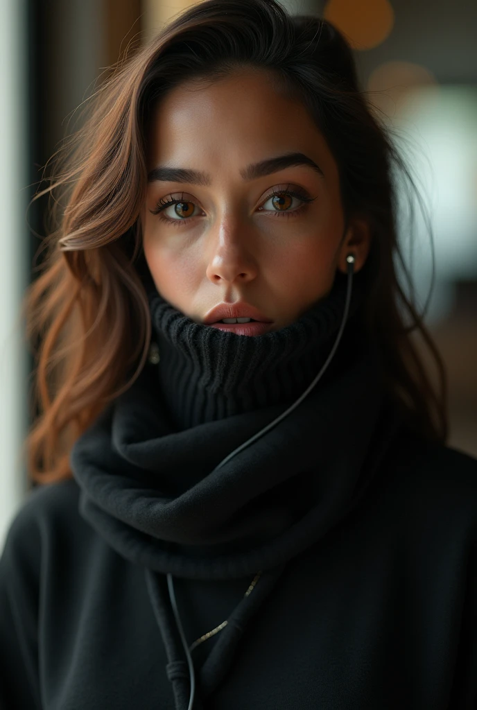beautfull woman, 2, 170cm tall, 80kg, average build, Arabic, honey brown hair, brown dark eyes, wearing black clothes, earphone, covered mouth, sci-fi, realisitic, photorealisitic, hyper detailled, high qualiy, 8k, work of art, details Intricate, dramatic lighting, film composition, natural skin tones, volumetric lighting, Depth of field, ultra detali, Physically based rendering, professional photograpy