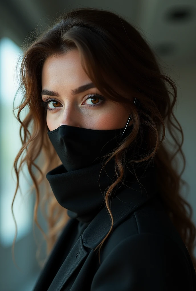 beautfull woman, 2, 170cm tall, 80kg, average build, Arabic, honey brown hair, brown dark eyes, wearing black clothes, earphone, covered mouth, sci-fi, realisitic, photorealisitic, hyper detailled, high qualiy, 8k, work of art, details Intricate, dramatic lighting, film composition, natural skin tones, volumetric lighting, Depth of field, ultra detali, Physically based rendering, professional photograpy