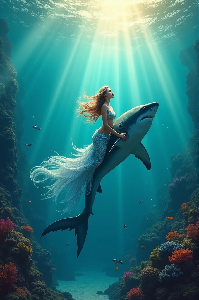 A mermaid swimming with a shark
