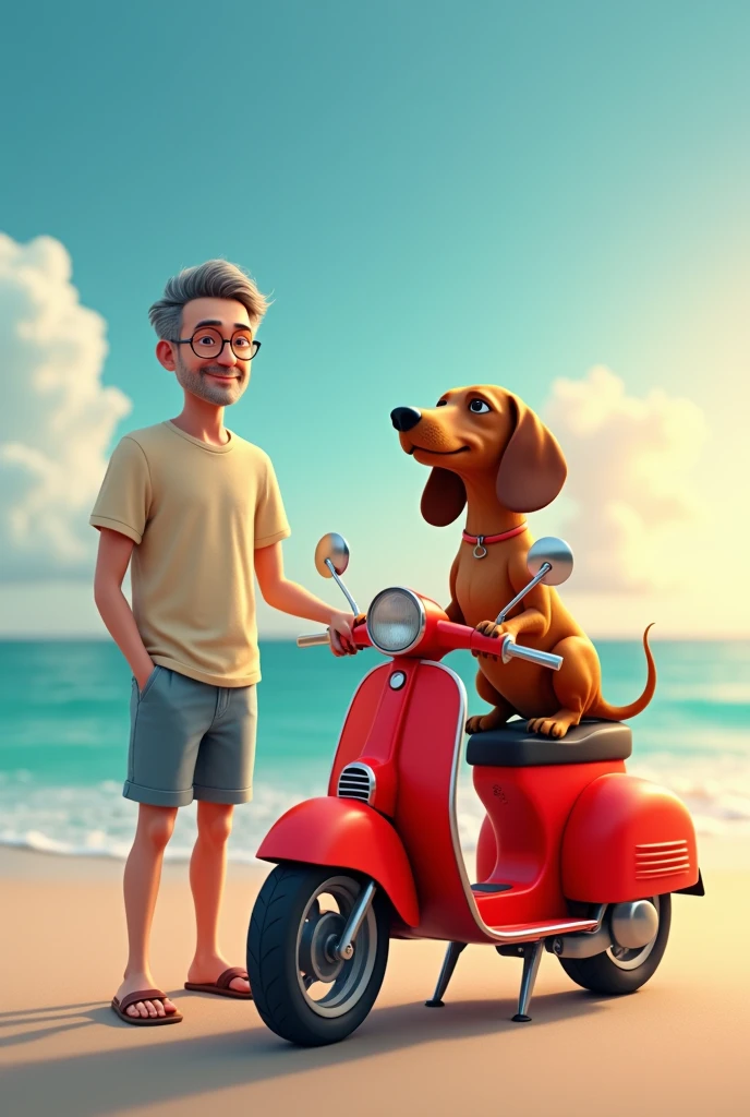 A furry dachshund dog on top of a red motorbike and its owner, a middle-aged man, standing next to it, enjoying the beach skyline