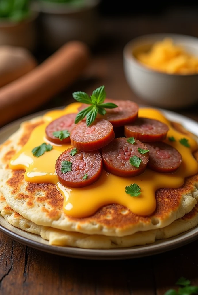 make a typical malaysian big roti canai and slices of sausage and cheese on top that are cut into pieces