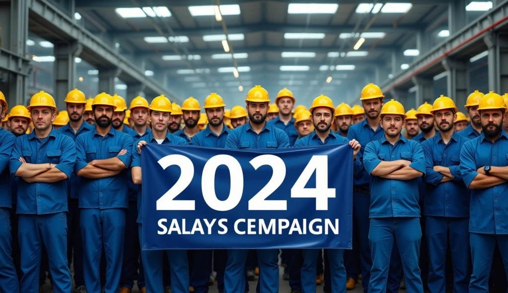 A demonstration of metalworkers in front of a modern factory, with large navy blue, and light blue, demanding more rights. The workers are united, mens and women, some with crossed arms, and the scene is filled with an atmosphere of determination and struggle. Banners phrase on the middle: "2024 Salary Campaign" in Portuguese, workers in blue uniforms, yellow safety helmets, facing the camera, with the factory in the background.