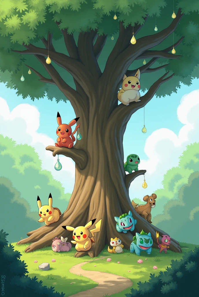 An image of a tree with pokemon around it 