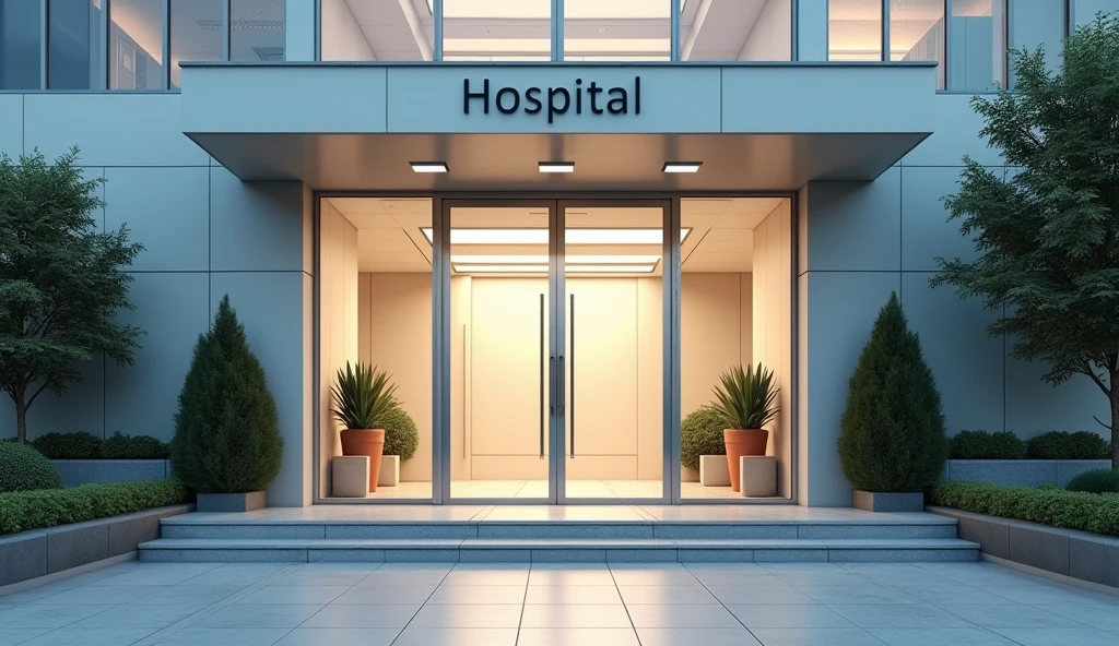 Entrance to a medium-sized hospital, with the main door slightly open and no people. Create the most realistic image possible