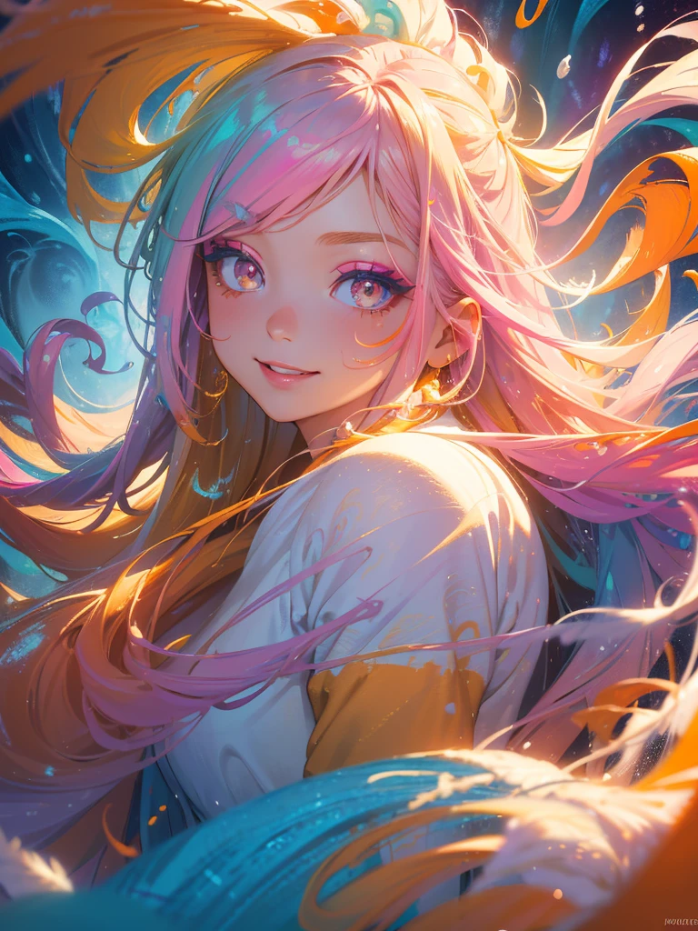 Masterpiece, best quality, one girl, smiling, colorful light background, (snow falling) ((swirling swirls, colorful hair)), wearing white shirt and denim shorts, ((long hair)), ((right side)), emotional face, close-up, studio light, studio, (((makeup portrait, pink eyeshadow))), ((golden and orange swirling swirls on face, colorful snow, lots of feathers))