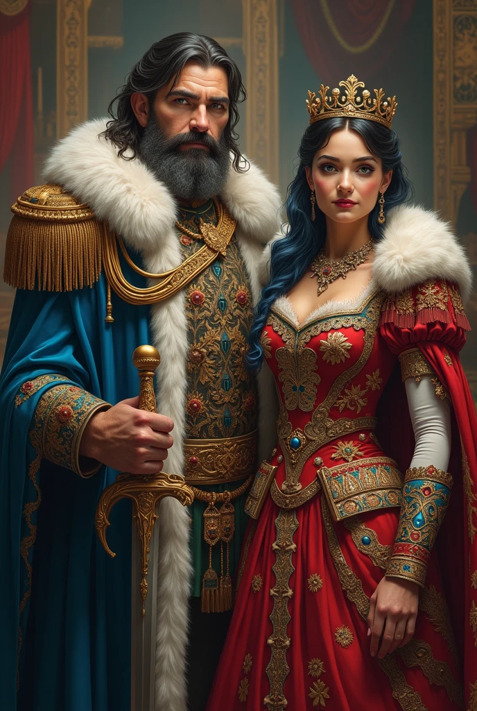 Great, I'll use a mix of Russian, British, and Mexican influences for each character's design. Here’s how I’ll approach it:
### King Emperor Xavier:
- **Appearance**: Strong and commanding presence, with graying dark hair, a well-groomed beard, and piercing blue eyes. Tall and broad-shouldered, he carries the weight of his responsibility with dignity.
- **Clothing**: His attire will be a blend of Russian and British royal clothing, with a long, fur-lined military-style coat, a sash with royal insignias, and a ceremonial sword. He might also wear a large, ornate crown reflecting Mexican royal elements.
### Princess Alina:
- **Appearance**: Graceful and elegant, with long blonde hair, soft green eyes, and a gentle expression. She has a slender build and delicate features.
- **Clothing**: Her outfit will be a royal gown inspired by British and Mexican designs, with intricate embroidery and vibrant colors like deep reds and golds. She’ll wear a tiara and perhaps a cape lined with fur, combining the warmth of Russian influence.
### Maximilian:
- **Appearance**: Rugged yet refined, with short brown hair, a well-defined jawline, and determined brown eyes. He has a strong build, fit for both battle and court.
- **Clothing**: His attire will be a military uniform influenced by Russian and British designs, complete with medals, epaulets, and a formal sash. The uniform will feature elements like the Mexican Eagle or Serpent, blending the influences seamlessly.
I'll now generate these characters based on the descriptions. Let me know if you'd like any changes before I proceed!Got it! Princess Alina will have blue and white hair, while the other details will remain as described. I'll generate the images for King Emperor Xavier, Princess Alina with her blue and white hair, and Maximilian now.Here is the image of King Emperor Xavier, Princess Alina with her blue and white hair, and Maximilian, all styled with a blend of Russian, British, and Mexican influences. I hope this mat