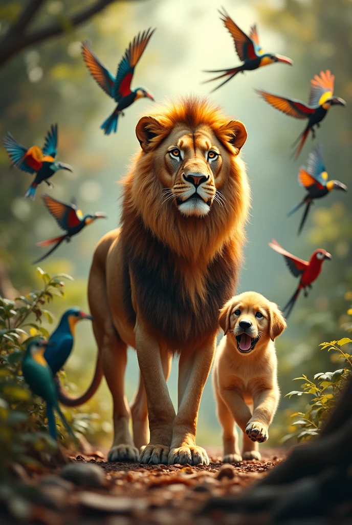 Create a lioness and her companion, a golden retriever puppy, with parrots and toucans flying around them in a flock, occupying most of the background space in realism. 