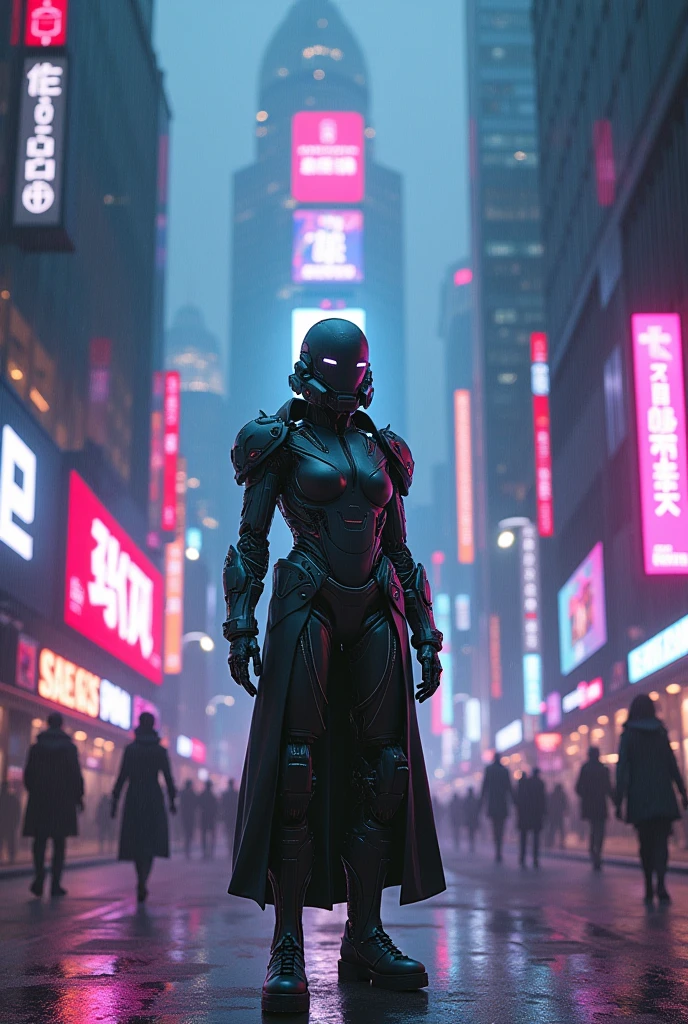 Create one characters with robotic cyberpunk head and post like a model standing a digital art piece in a cyberpunk style featuring a futuristic cityscape at night. The scene should be illuminated by neon lights with vibrant colors like pink, blue, and purple. Include towering skyscrapers with holographic advertisements, bustling streets with diverse characters in high-tech attire, and a misty atmosphere with rain-soaked surfaces."